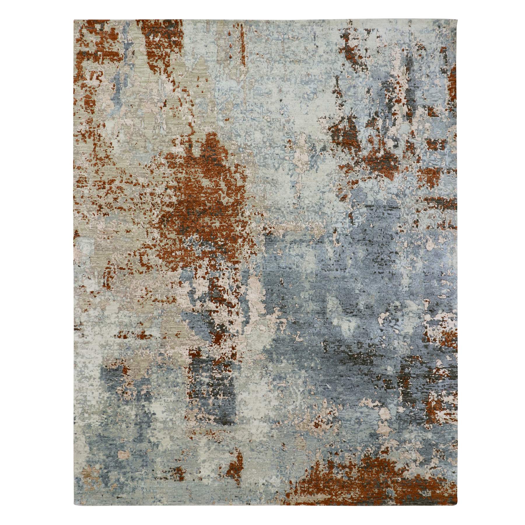 Pewter Gray with Beige, Persian Knot, Abstract with Galaxy Design, 100% Wool, Hand Knotted, Densely Woven, Oriental Rug